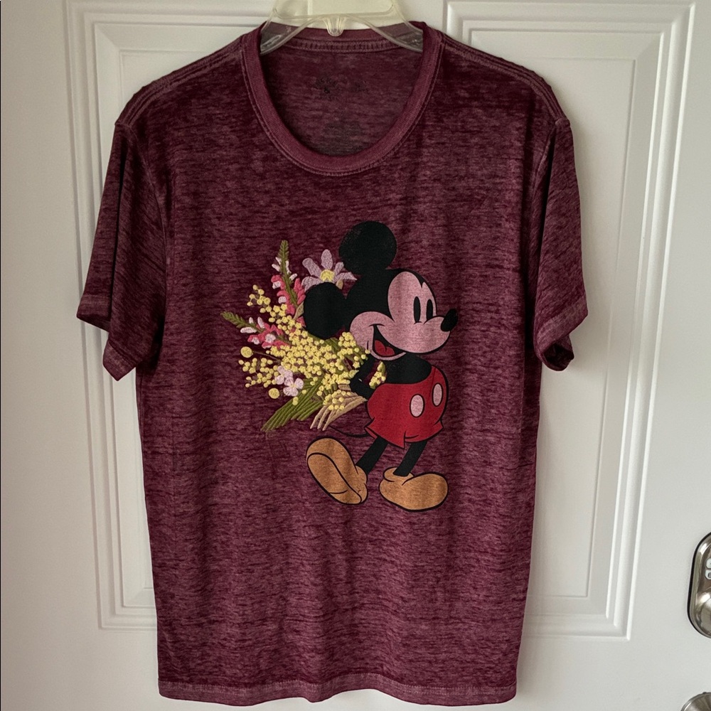 Disney Mickey Mouse Maroon Graphic Tee with Floral Bouquet